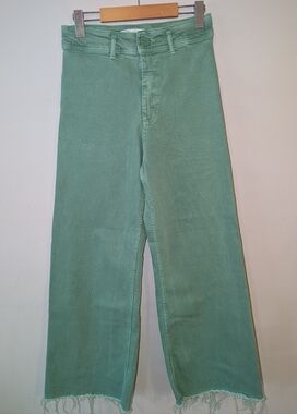 Zara Green Marine Wide Leg Frayed Hem Jeans